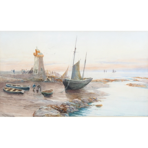 766 - George Barker, watercolour, fishing beach scene, signed, 24cm x 42cm, framed