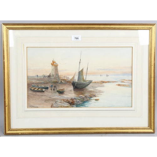 766 - George Barker, watercolour, fishing beach scene, signed, 24cm x 42cm, framed