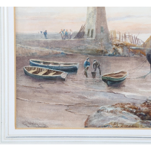 766 - George Barker, watercolour, fishing beach scene, signed, 24cm x 42cm, framed