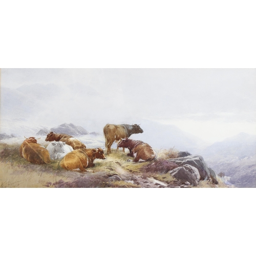 767 - Tom Rowden (1842 - 1926), cattle resting in the mountain mists, signed and dated '96, 24cm x 51cm, f... 