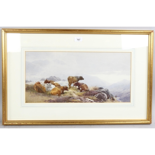 767 - Tom Rowden (1842 - 1926), cattle resting in the mountain mists, signed and dated '96, 24cm x 51cm, f... 