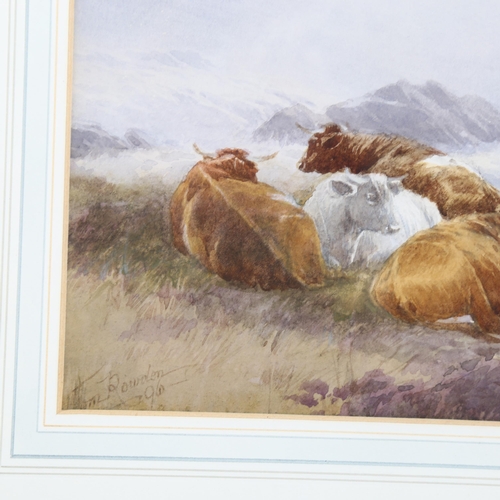 767 - Tom Rowden (1842 - 1926), cattle resting in the mountain mists, signed and dated '96, 24cm x 51cm, f... 