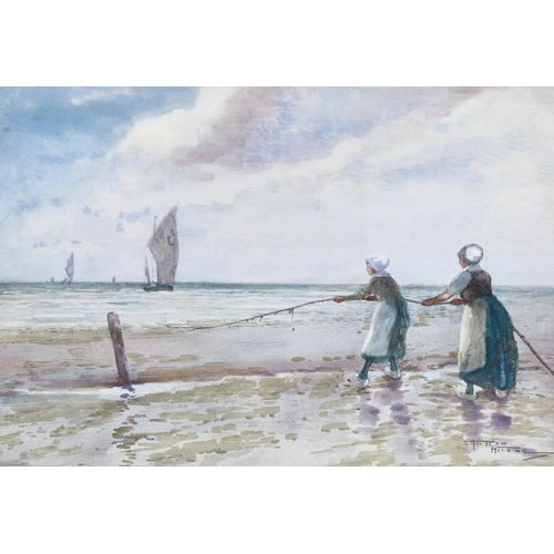 768 - Hutton Mitchell (1872 - 1939), Dutch fishergirls at the beach, watercolour, signed, 36cm x 53cm, fra... 