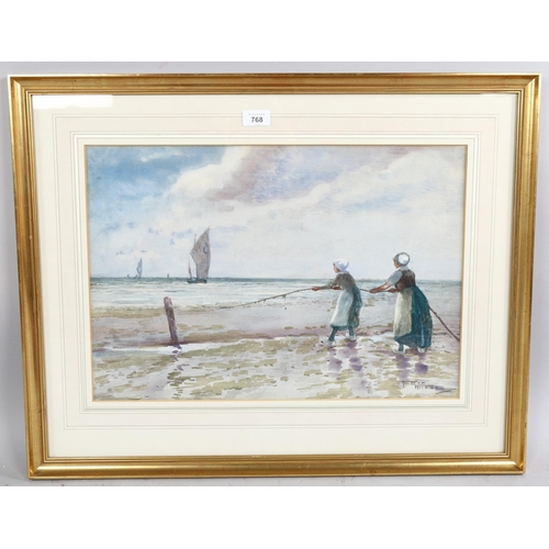 768 - Hutton Mitchell (1872 - 1939), Dutch fishergirls at the beach, watercolour, signed, 36cm x 53cm, fra... 