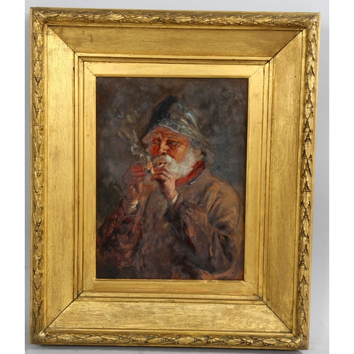 773 - N J Fin, portrait of a fisherman smoking a pipe, oil on wood panel, signed, 30cm x 23cm, framed