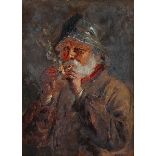 773 - N J Fin, portrait of a fisherman smoking a pipe, oil on wood panel, signed, 30cm x 23cm, framed