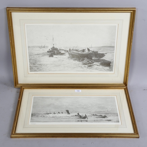 775 - After William Wyllie, 2 prints, seascapes, printed signatures, largest image 29cm x 51cm, framed