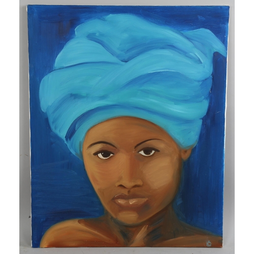 778 - Contemporary oil on canvas, portrait of a woman, signed with monogram, 76cm x 60cm, unframed