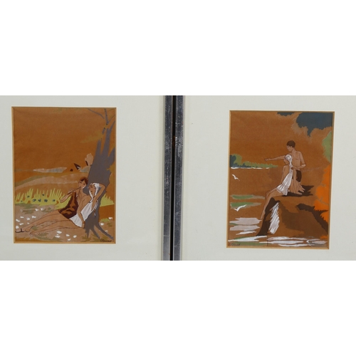 780 - Pair of watercolours on brown paper, romantic scenes, indistinctly signed, 17cm x 12cm, framed