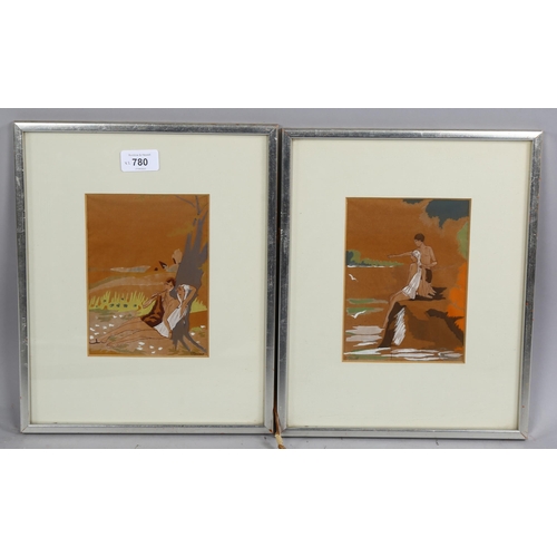 780 - Pair of watercolours on brown paper, romantic scenes, indistinctly signed, 17cm x 12cm, framed