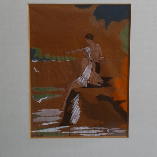 780 - Pair of watercolours on brown paper, romantic scenes, indistinctly signed, 17cm x 12cm, framed