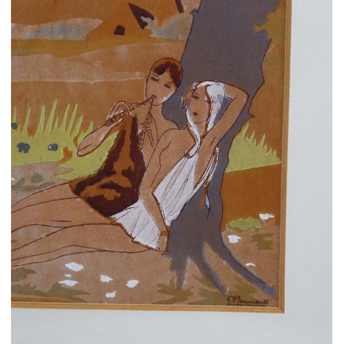 780 - Pair of watercolours on brown paper, romantic scenes, indistinctly signed, 17cm x 12cm, framed