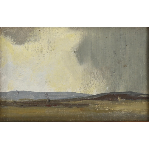 784 - John Miller, moorland storm, oil on board, 10cm x 17cm, framed