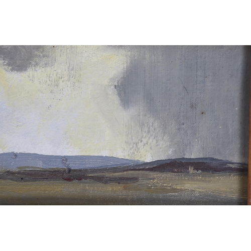 784 - John Miller, moorland storm, oil on board, 10cm x 17cm, framed