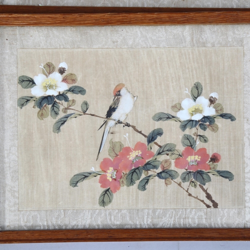 792 - 4 various Chinese watercolours on silk, birds and blossom, overall frame dimensions 18cm x 23cm