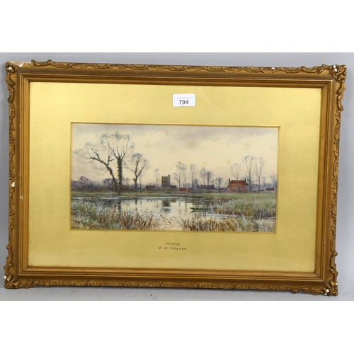 794 - Robert Winchester Fraser, river scene, Moulsey, watercolour, signed, 18cm x 35cm, framed