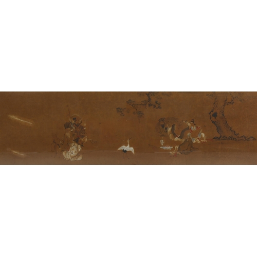 796 - 19th century Chinese School, watercolour, travellers resting watching a bird, 30cm x 105cm, framed