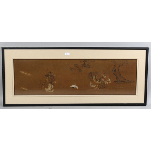 796 - 19th century Chinese School, watercolour, travellers resting watching a bird, 30cm x 105cm, framed