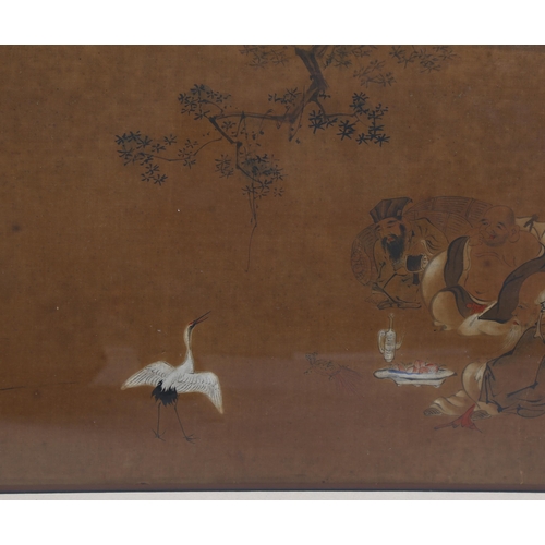 796 - 19th century Chinese School, watercolour, travellers resting watching a bird, 30cm x 105cm, framed