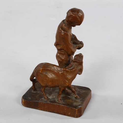 798 - A wood carving circa 1900, man with goat and kid, possibly Italian, unsigned, height 20cm