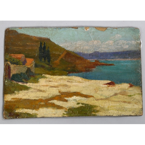 800 - Early 20th century impressionist landscape view on the Rhone, oil on board, indistinctly signed, 17c... 