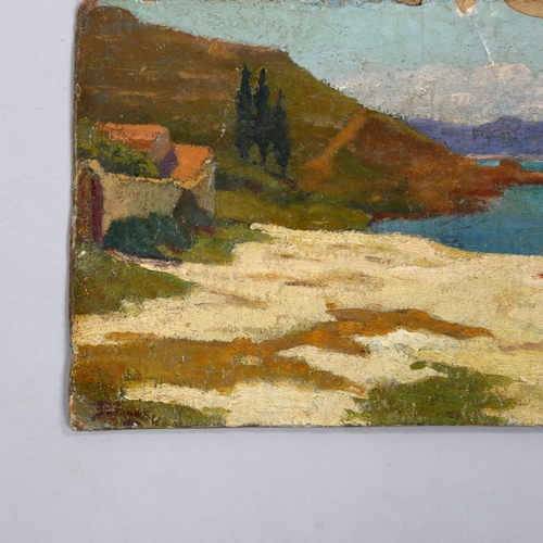 800 - Early 20th century impressionist landscape view on the Rhone, oil on board, indistinctly signed, 17c... 