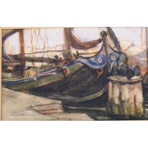 808 - Early 20th century watercolour, moored boats in Venice, dated verso 1906, 17cm x 26cm, framed