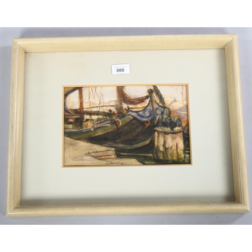 808 - Early 20th century watercolour, moored boats in Venice, dated verso 1906, 17cm x 26cm, framed