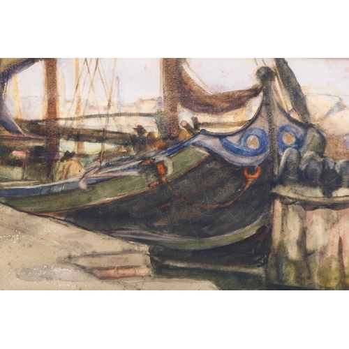 808 - Early 20th century watercolour, moored boats in Venice, dated verso 1906, 17cm x 26cm, framed