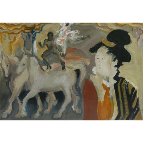 813 - Stella Cardew, circus composition, oil on board, 33cm x 48cm, framed