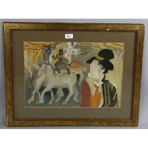 813 - Stella Cardew, circus composition, oil on board, 33cm x 48cm, framed