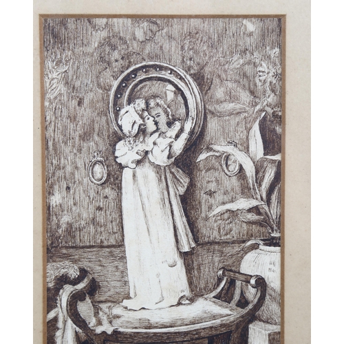 817 - Circle of Maude Goodman, girl playing with a mirror, pen and ink, unsigned, 18cm x 10cm, framed