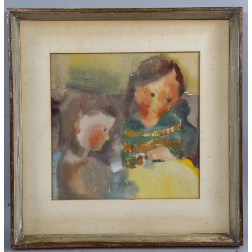 819 - Style of Joan Eardley, portrait of 2 children, watercolour, unsigned, 33cm x 33cm, framed