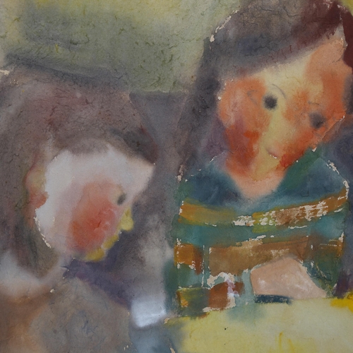 819 - Style of Joan Eardley, portrait of 2 children, watercolour, unsigned, 33cm x 33cm, framed