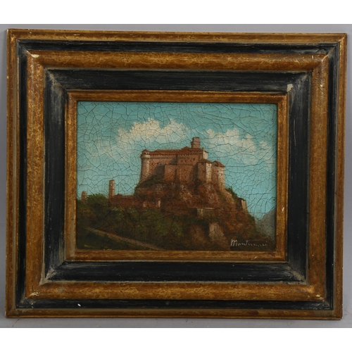 821 - Montanazi, oil on canvas, hilltop castle, signed, 7