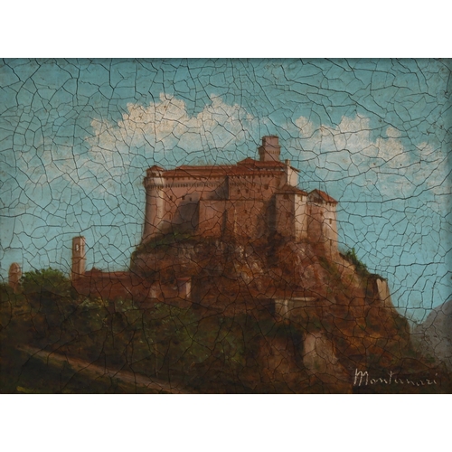 821 - Montanazi, oil on canvas, hilltop castle, signed, 7