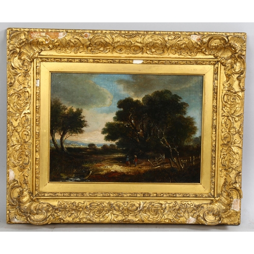 822 - 19th century English School, figures in wooded landscape, oil on canvas, unsigned, 22cm x 29cm, fram... 