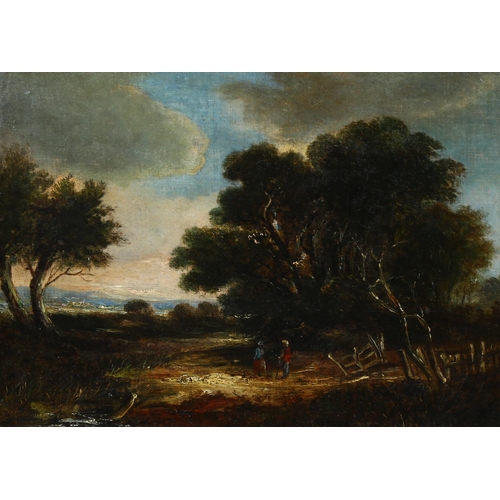 822 - 19th century English School, figures in wooded landscape, oil on canvas, unsigned, 22cm x 29cm, fram... 