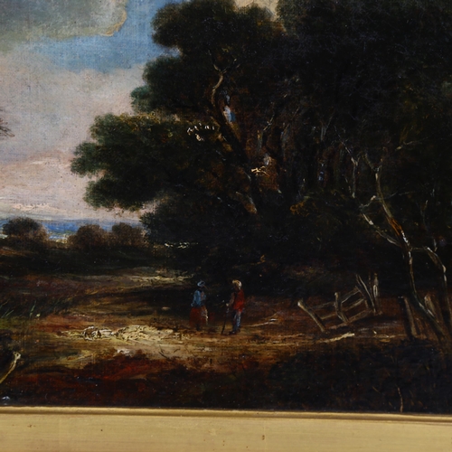 822 - 19th century English School, figures in wooded landscape, oil on canvas, unsigned, 22cm x 29cm, fram... 