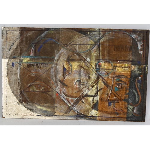 823 - J Epstein, mixed media oil/collage on board, Russian composition, 35cm x 55cm, unframed