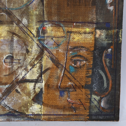 823 - J Epstein, mixed media oil/collage on board, Russian composition, 35cm x 55cm, unframed