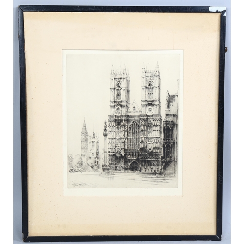 824 - Fred Farrell, Westminster Abbey, etching, signed in pencil, plate 30cm x 25cm, framed