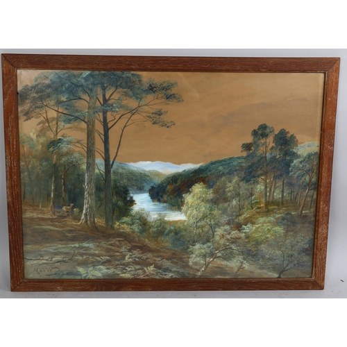 835 - John McWhirter, watercolour/gouache, extensive landscape, signed with monogram, 50cm x 70cm, framed