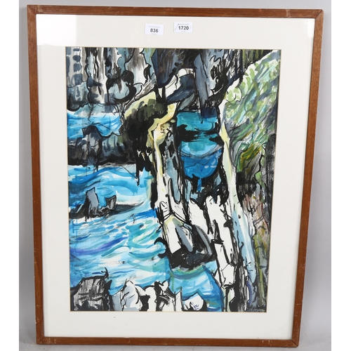 836 - Roger Blaker, mixed media, ink/watercolour, Pembrokeshire, signed, 60cm x 44cm, framed