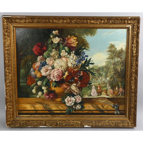 840 - Mid-20th century oil on board, Dutch style still life flower study, indistinctly signed, 63cm x 78cm... 