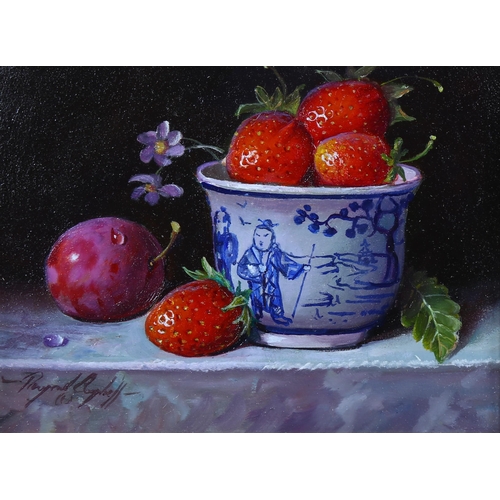 848 - Raymond Campbell, plum with strawberries and a china bowl, oil on board, signed, 14cm x 19cm, framed