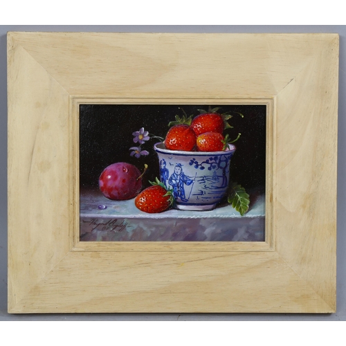 848 - Raymond Campbell, plum with strawberries and a china bowl, oil on board, signed, 14cm x 19cm, framed