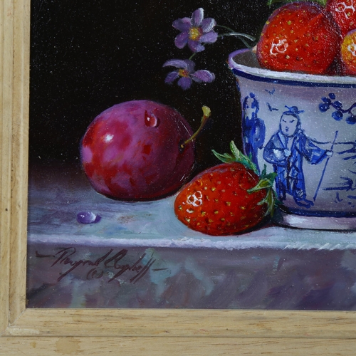 848 - Raymond Campbell, plum with strawberries and a china bowl, oil on board, signed, 14cm x 19cm, framed