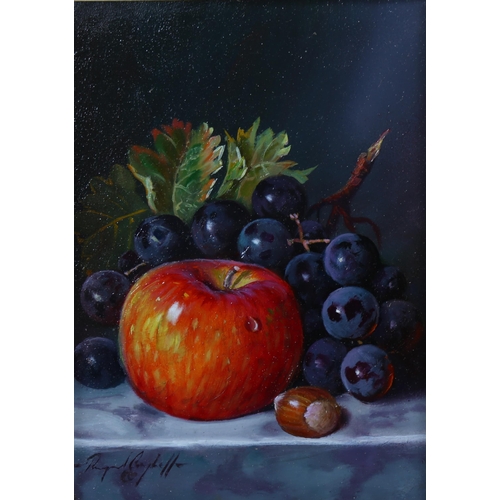 849 - Raymond Campbell, apple with nut and black grapes, oil on board, signed, 19cm x 13.5cm, framed