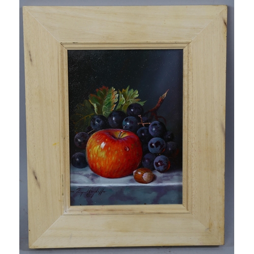 849 - Raymond Campbell, apple with nut and black grapes, oil on board, signed, 19cm x 13.5cm, framed